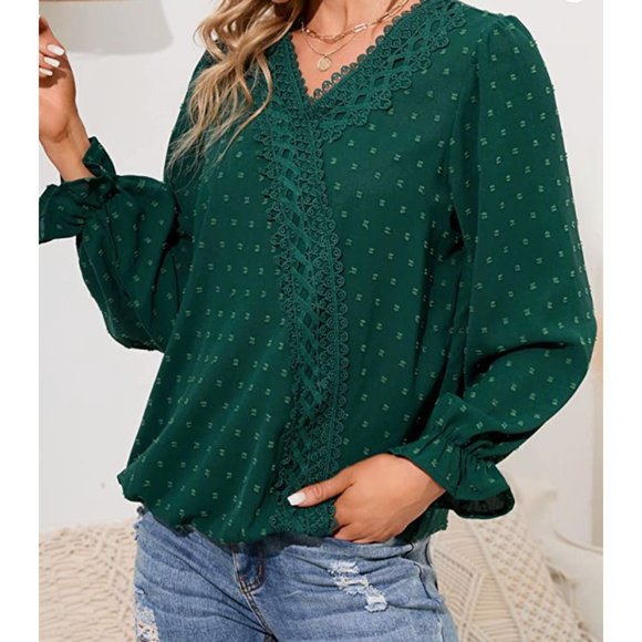 Green Off-White Crochet Lace V-Neck Long Sleeve Bishop Dressy Top Blouse - Picture 2 of 6